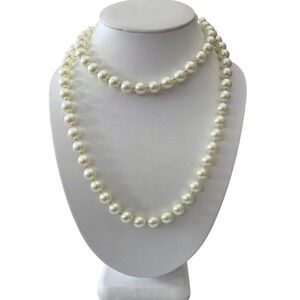 Vintage Carol Lee Long Ivory Imitation Pearl Hand Knotted Silver Tone Necklace